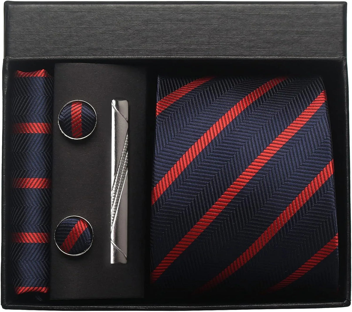 Classic Silk Tie Set with Pocket Square, Cufflinks and Tie Clip