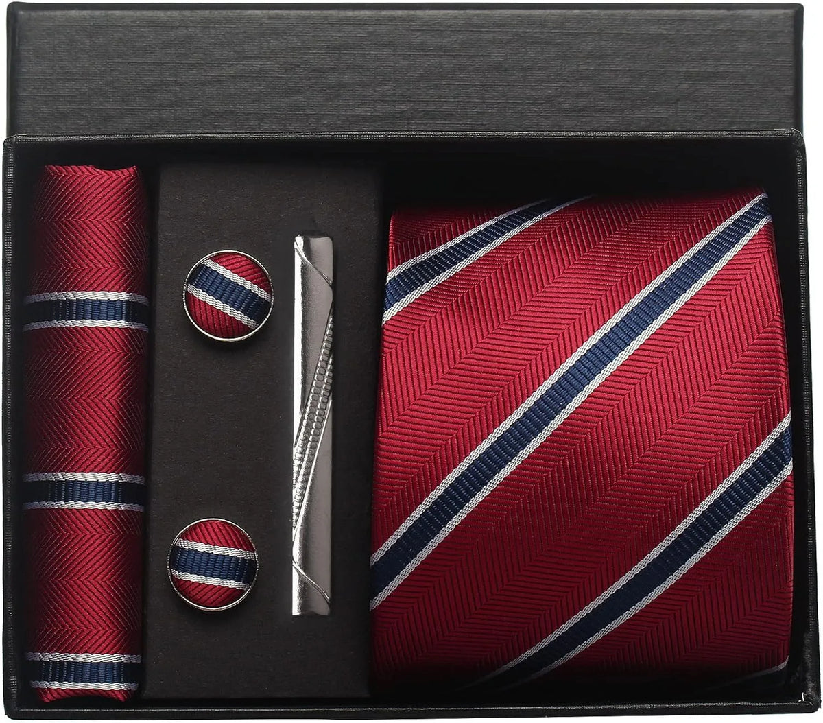 Classic Silk Tie Set with Pocket Square, Cufflinks and Tie Clip