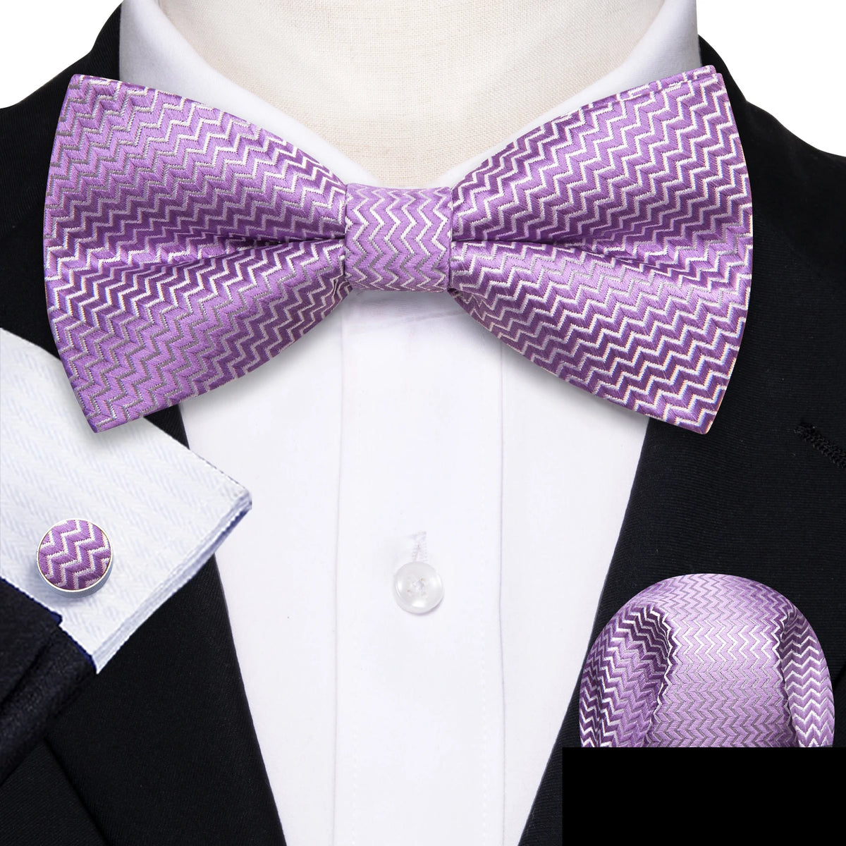 Formal Black Bow Tie Set with Pocket Square and Cufflinks