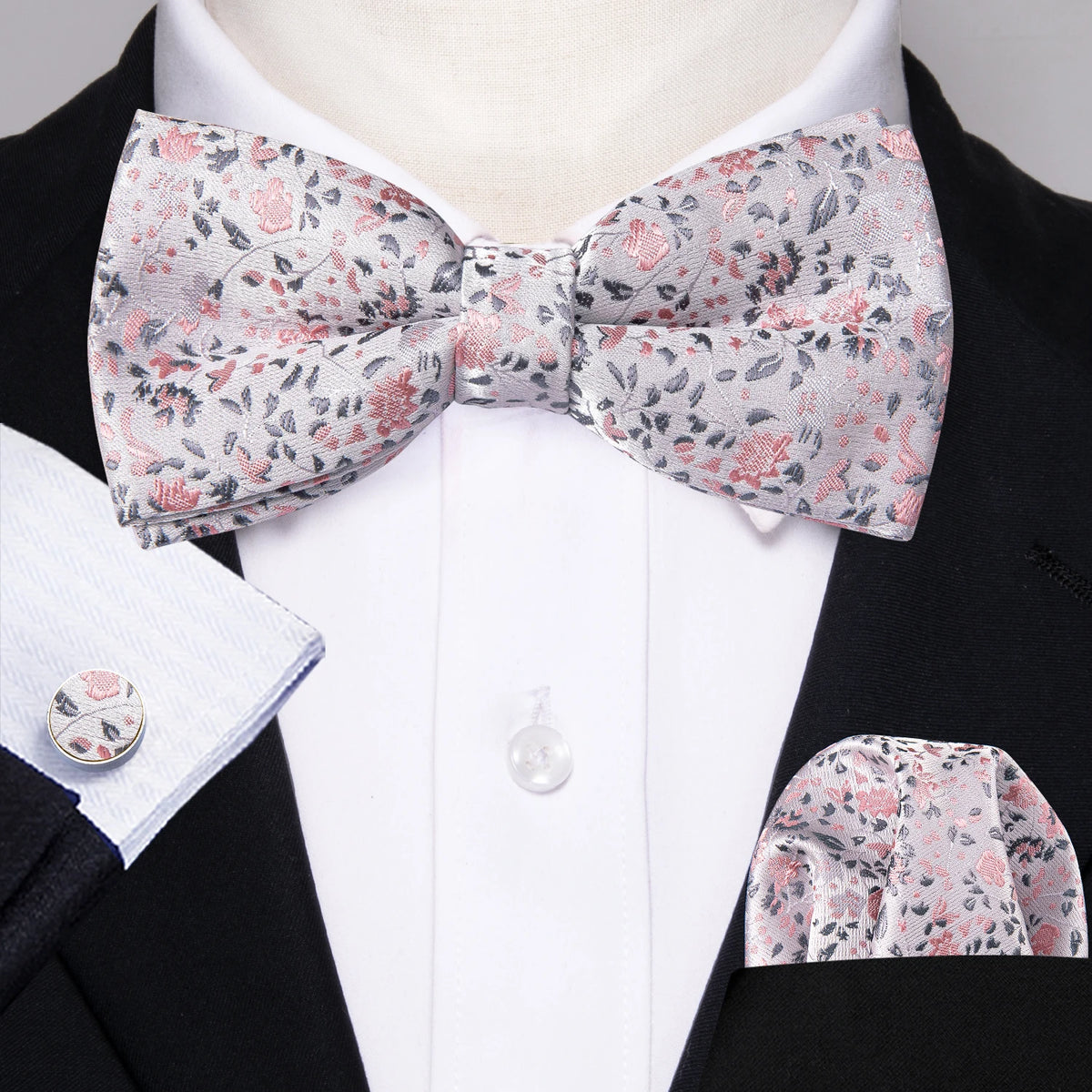 Formal Black Bow Tie Set with Pocket Square and Cufflinks