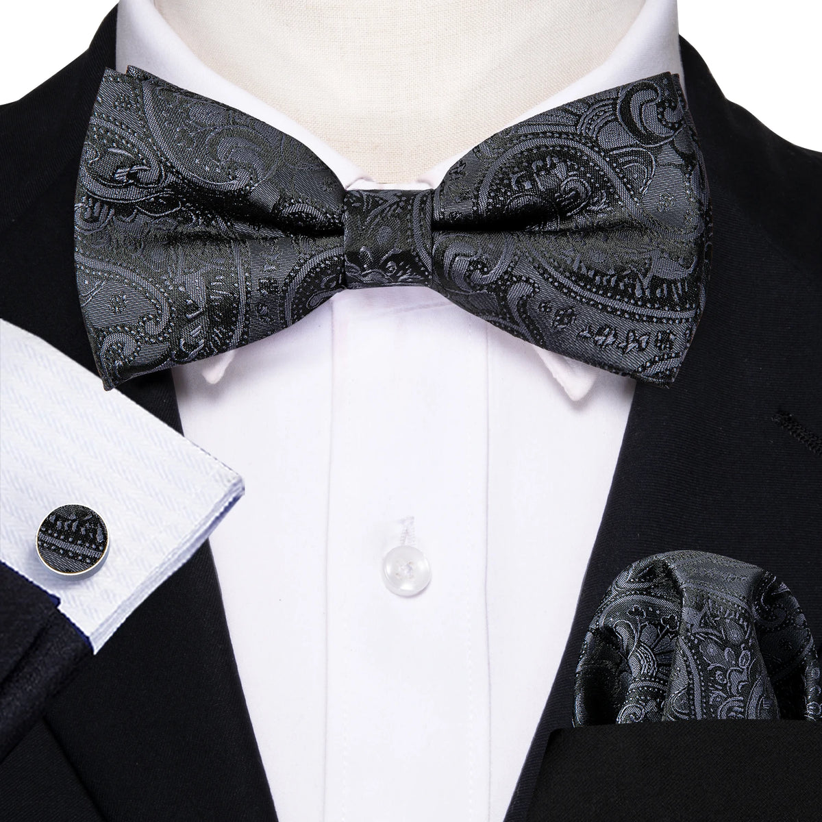 Formal Black Bow Tie Set with Pocket Square and Cufflinks