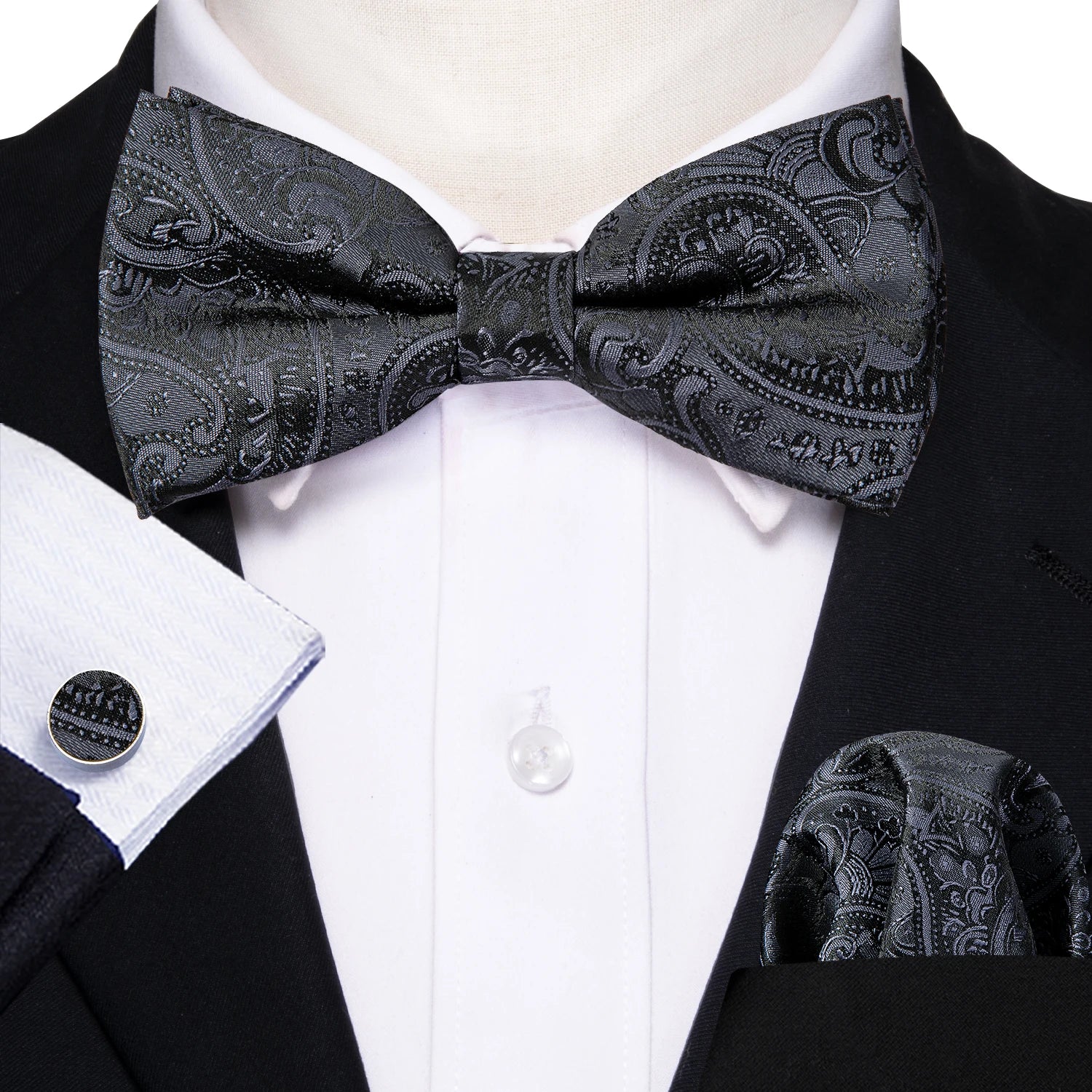 Formal Black Bow Tie Set with Pocket Square and Cufflinks