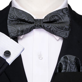 Formal Black Bow Tie Set with Pocket Square and Cufflinks