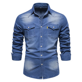 Men’s Spring Long Sleeve Denim Shirt – High-Quality Cotton, Slim Fit
