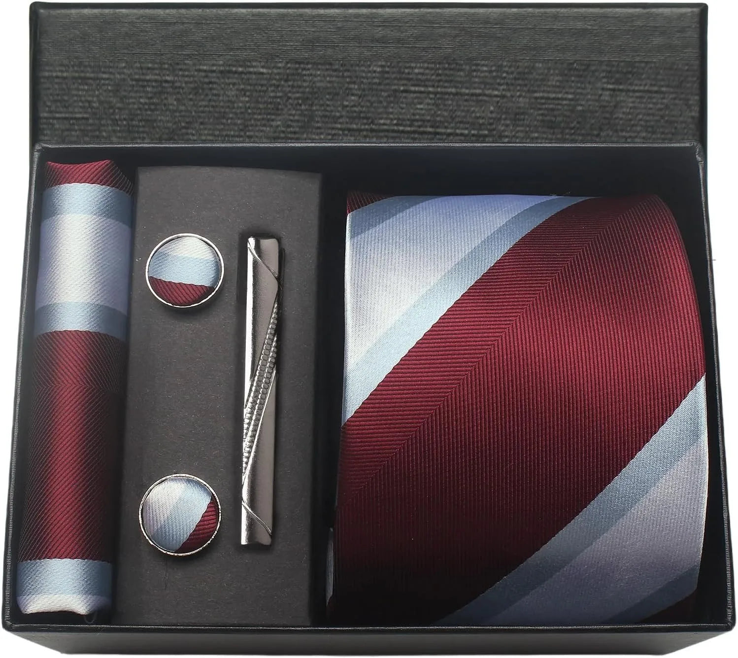 Classic Silk Tie Set with Pocket Square, Cufflinks and Tie Clip