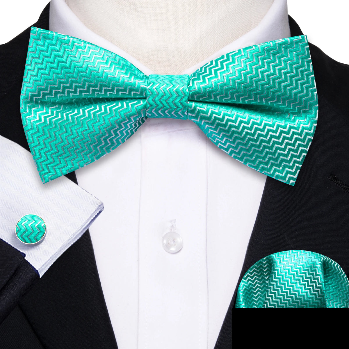Formal Black Bow Tie Set with Pocket Square and Cufflinks