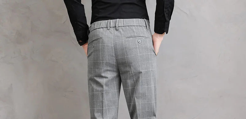 Men’s Slim Fit Formal Trousers with Fine Plaid Pattern for Summer